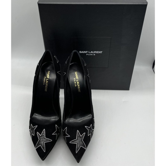 NIB Saint Laurent Black Suede Star Embroidered Platform Pointed Toe Pump sz 38 - Picture 1 of 6